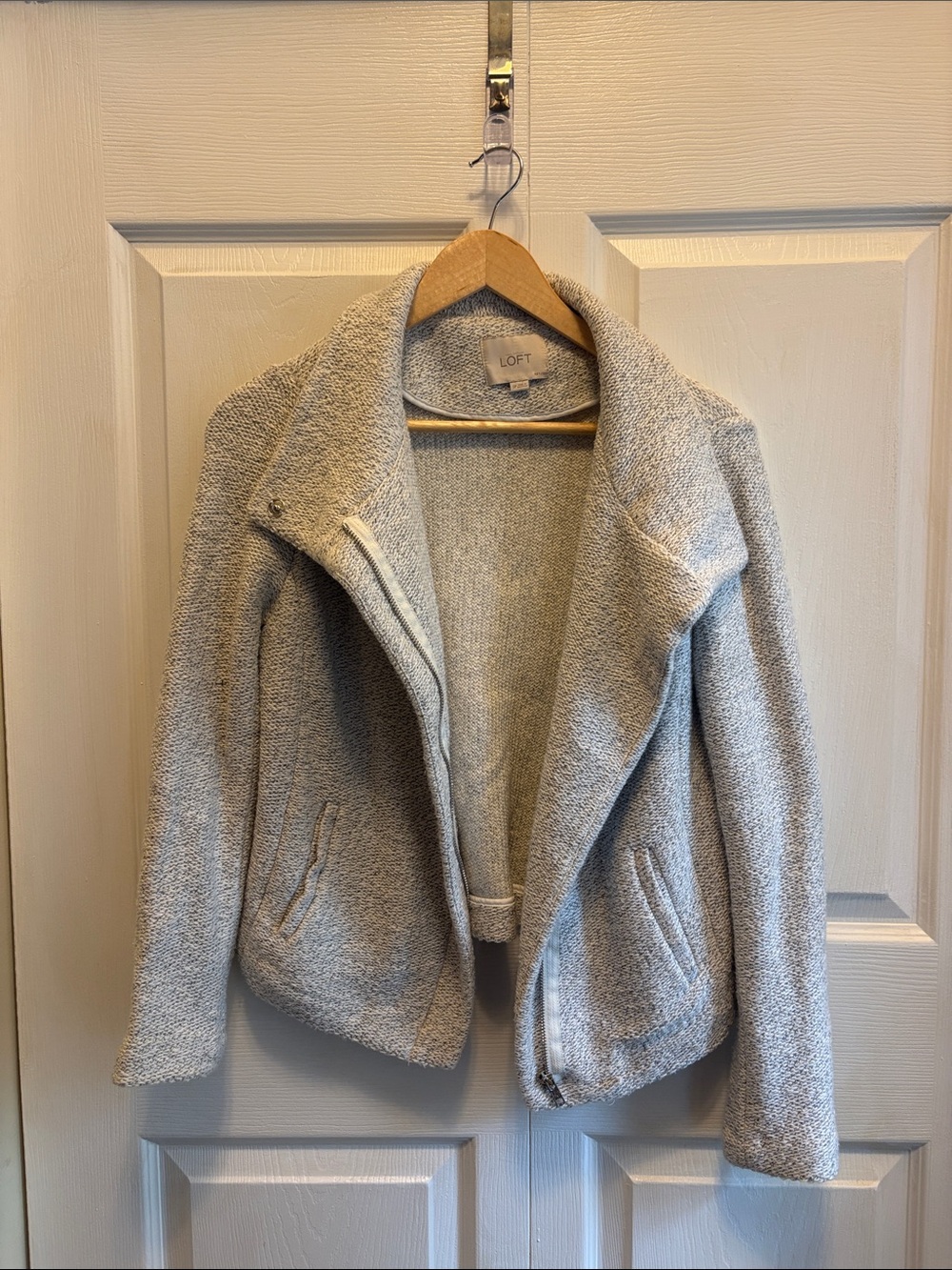 LOFT Light Gray Knit Zip-Front Moto Jacket